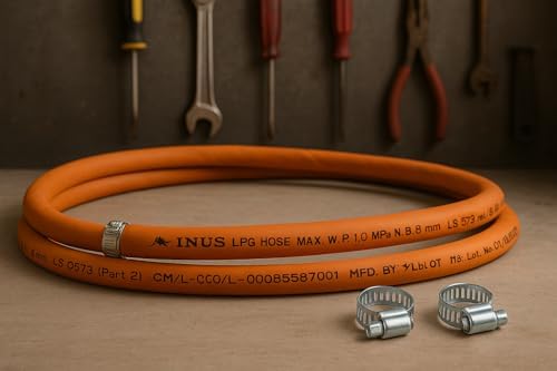 Image of INUS Ready to Use Reinforced LPG Rubber Hose PipeLeak Proof, Made With Reinforced Steel Wire Flame Resistant Design Perfect for Gas Stove with Durable Clamp 5m