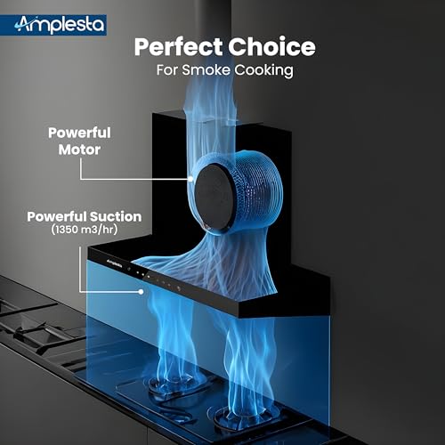 Image of Amplesta Sereno 90CM Chimney for Kitchen Auto Clean 1350 m3 /hr Vertical Wall Mounted Kitchen Chimney for Home Filterless Two Way Suction Touch & Gesture Control (Sereno MS AC FL 90 BK)