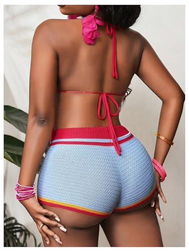 MakeMeChic Women's 2 Piece Crochet Cover Ups 3D Flower Halter Tie Back Bikini Top and Shorts Swimsuit2