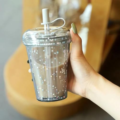 ストロー付きタンブラー 可愛いマグカップ タンブラー おしゃれ ドリンクカップ 蓋付き プラスチック製 キラキラ 星柄 320ml・420ml・520ml 女子向け水筒 耐熱耐冷 二重構造 広口 漏れ防止 子供用 家庭用 女の子 通学用 オフィス用 アウト