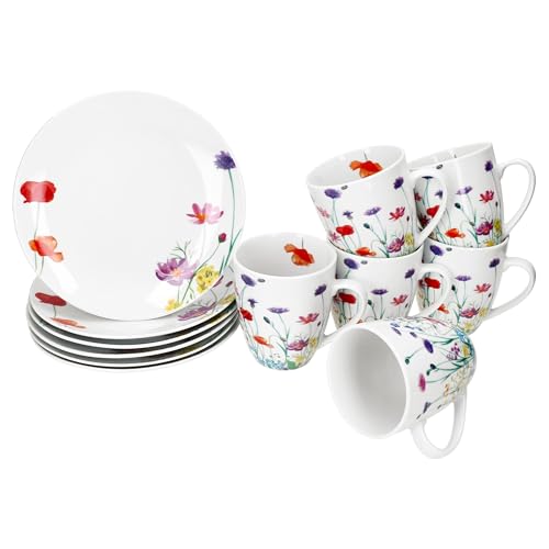MamboCat Marie 12tlg Frühstücksset I Porzellan-Geschirr mit Blumenwiese-Dekor für 6 Personen I Je 6x Teller & Becher 320ml für Frühstücks- & Kaffeezeit