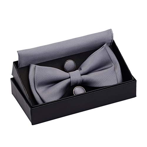 Image of GUSLESON Mens Solid Color Two Layer Pre-tied Bow Tie and Pocket Square Cufflink Set with Gift Box