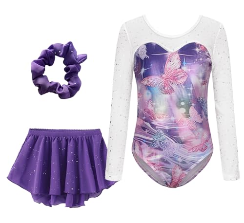 Happy Cherry Mädchen Turnanzug Gymnastikanzug mit Tüllrock Haarband Set Langarm Gymnastikbody Kunstturnen Kleidung Kinder Turn Leotards Lila Schmetterling 5-6 Jahre