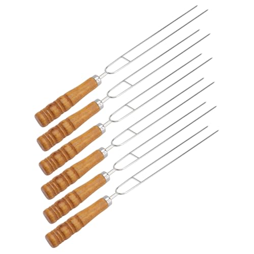Gogogmee 6Pcs Roasting Sticks with Wooden Handle Double Prong Bbq Skewers for Outdoor Grilling Marshmallow Roasting and Campfire Cooking Tools