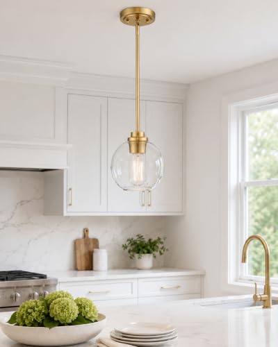 Image of Brass Pendant Lights Kitchen Island 2 Pack, Farmhouse Gold Pendant Light with Clear Glass Globe Shade, Kitchen Island Lighting for Dining Room Entryway, AD-22280-1P2-GD-C