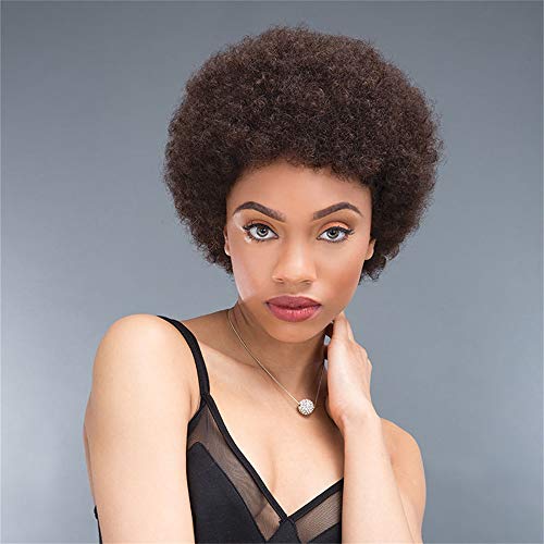 ALICE Afro Wig 4" Short Curly Human Hair Wig for Black Women (Brown)