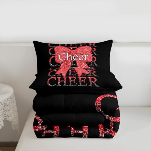 Image of Feelyou Cheer Bow Comforter Set All Season Cheerleader Bedding Set with 1 Pillow Cases Funny Sport Microfiber Kids Toddler Bedclothes Red Bedroom Decor Duvet Quilt Breathable Soft Lightweight