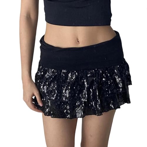 Women's Y2k Sequin Mini Skirts Mid Rise Tiered Ruffled Sparkly A Line Skirts Short Party Club Skirt Clubwear