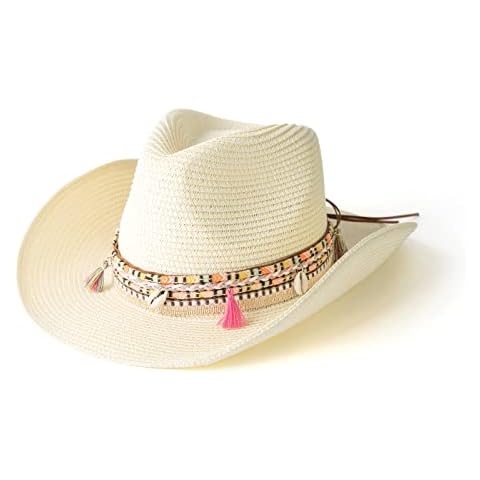 Gossifan Women's Woven Straw Cowboy Hat w/Beaded Trim Band Hat Beach Holiday Sun Hats-Cream White Cover