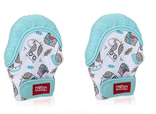 Nuby Soothing Teething Mitten with Hygienic Travel Bag, Aqua Owl, 2 Count