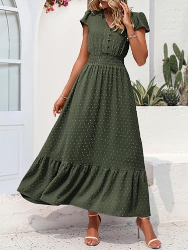 Image of PRETTYGARDEN Womens Dresses 2026 Summer Maxi Dress Boho Short Sleeve V Neck Swiss Dot Ruffle Tiered Smocked Flowy Long Dress