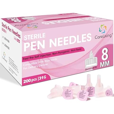 CareLiving Insulin Pen Needles 31G 5/16" (8 mm), Diabetic Needles for Insulin Injections, Compatible with Most Diabetes Pens, 200 Count Cover
