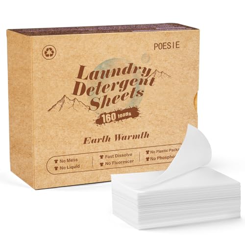Poesie Hojas de detergente para ropa con aroma a calor de la tierra, 160 unidades, viaje por carretera, dormitorio universitario, esenciales para viajes, sábanas de lavado, detergente, sin líquido