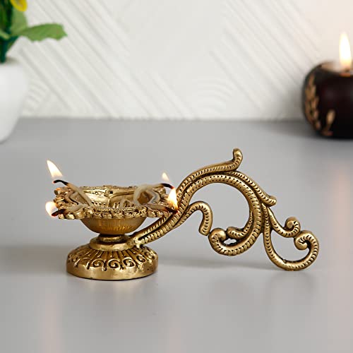 Image of eCraftIndia Ethnic Carved Brass Diya with 4 Wicks for Pooja Room and Temple, Gold, One Size (BDP504)