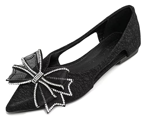 Hee grand Glitter Bow-Knot Pointed Toe Ballet Flats for Women Sparkling Crystals Fashion Wedding Dress Shoes Breathable Casual Slip On Loafers
