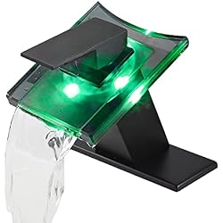 Black Bathroom Faucet Led Light 3 Color Changing Waterfall Glass Spout | Battery Power Lavatory Vanity Sink Faucet Single Handle One Hole Deck Mount Modern Designer Basin Tap