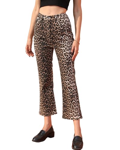 Women's Leopard Bell Bottom Jeans Cropped Mid Rise Stretchy Cheetah Print Flared Demin Pants2
