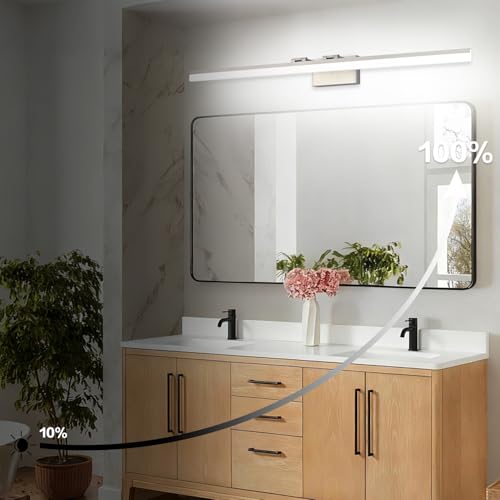 Image of SOLFART 5 Color Temperature Dimmable 47.2 Inch Bathroom Light Fixtures Over Mirror Brushed Nickel Vanity Lights for Bathroom Modern LED Light Fixture 5CCT