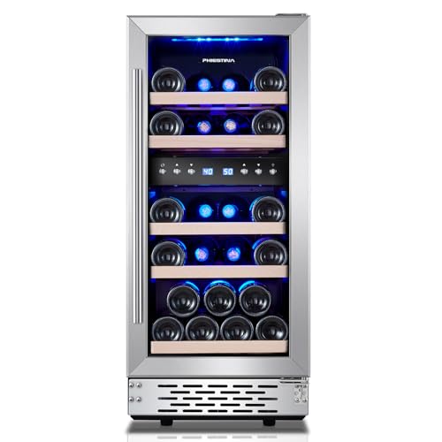 Phiestina Wine Fridge, 15 Inch Small Wine Cooler Refrigerator 31 Bottles Dual Zones Under Counter Temperature Control Built-in/Freestanding