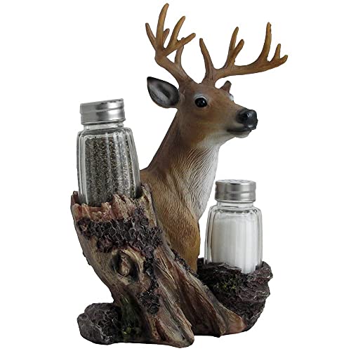 Rustic Deer Glass Salt and Pepper Shaker Set with Decorative Big Buck Holder in Kitchen Spice Racks, Cabin and Hunting Lodge Decor and Gifts for Hunters