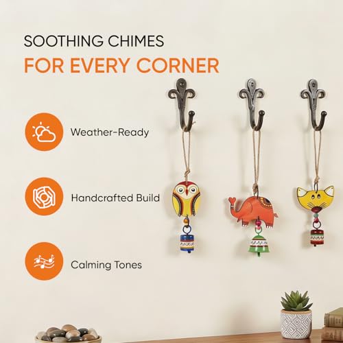 Image of Aakriti Art Creations Niyo Trio Wooden Animal Hanging Bells Set of 3 | Handmade Modern Art Wooden & Metal Wind Chimes | Indoor & Outdoor Hanging for Balcony, Garden, Living Room & Gifting