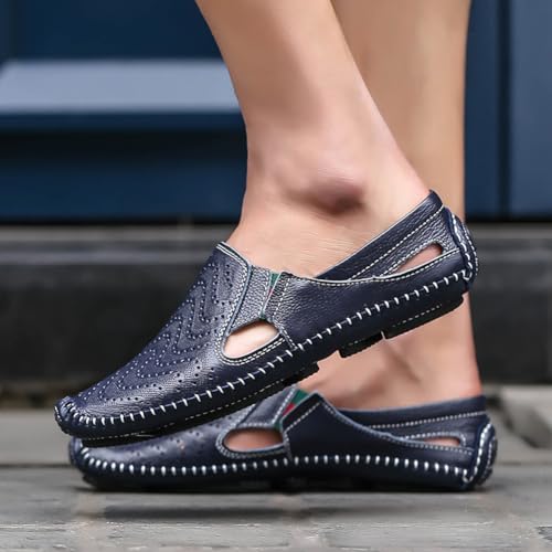 Image of Men's Breathable Summer Genuine Leather Sandal Perforated Casual Walking Driving Flats Shoes