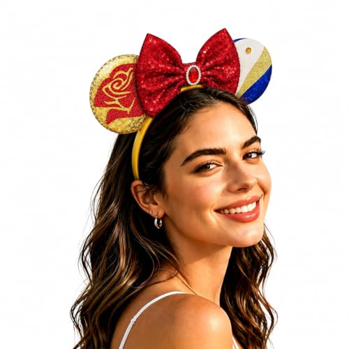 Bolonar Mouse Ears Headband for Women Rose Princess with Beads Sequin Ears