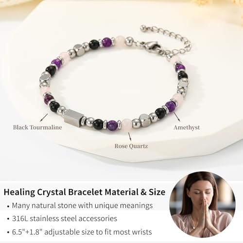 Image of Natural Healing Crystal Bracelet for Women, Triple Protection Anxiety Relief New Beginnings Good Luck Empath Protection Jewelry Gift for Friends Daughter Mom 6.5+1.8 Inches