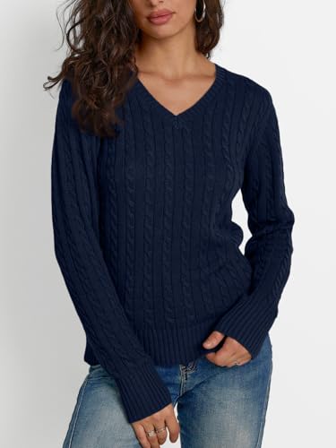 Image of LILLUSORY Women's Cable Knit V Neck Lightweight Soft Pullover Sweaters