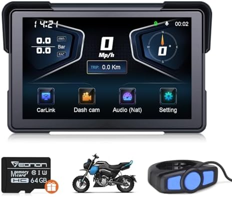 Eonon Upgraded 7 Inch Motorcycle CarPlay Screen, CarPlay/Android Auto, 700-nit Display Brightness, Motorcycle GPS Navigation System, Waterproof, with Dual Camera, 64GB SD Card, Handlebar Remote-P6