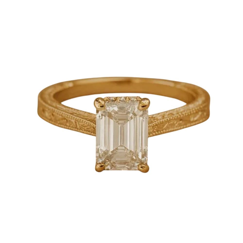 Antique Engrave Filigree Shank 2 Ct Emerald Cut Diamond Engagement Ring 14K Yellow Gold Plated Victorian Style Wedding Vintage Promise Ring For Her 925 Silver Handcrafted Edwardian Ring