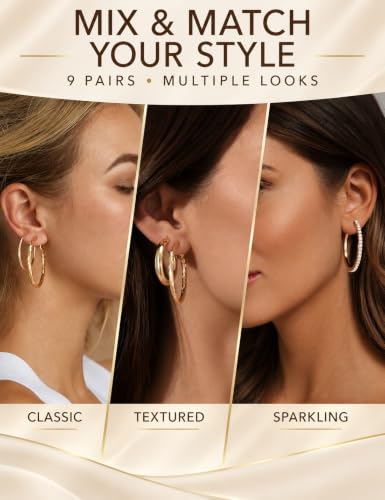 Image of 12 Pairs Gold Hoop Earrings Set for Women, Lightweight Hoop Jewelry