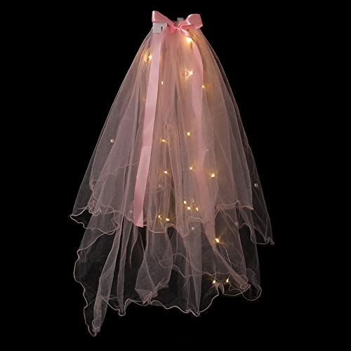 Led Flashing Colorful Birthday Party Christmas Glow Lamp Double Bow Beaded White Wedding Celebrity Veil Night Market Headdress (B)