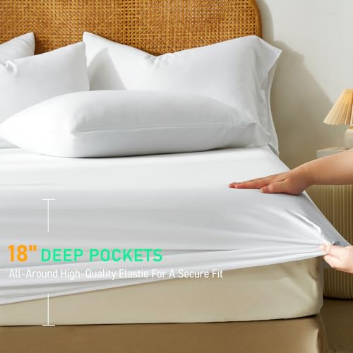 Image of 100% Viscose Derived from Bamboo Sheets Queen Size, Soft & Cooling Viscose from Bamboo Sheets Set, Organically Grown,Breathable & Soft Deep Pocket Up to 18 Inches(White)