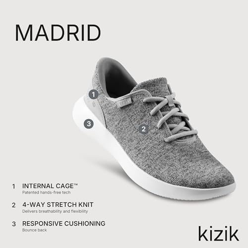 Kizik Madrid Hands Free Mens and Womens Sneakers, Casual Slip On Shoes for Women or Men, Comfortable for Walking, Women's and Men's Fashion Sneakers for Any Occasion - Grey, M9.5 / W114