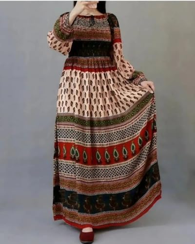 Image of Women's Cotton Dress Jaipuri Sanganeri Print Midi Long Dress Printed Fit and Flare Maxi Dress A-Line Gown Dress Maxi Skirt, Mandala (Free Size)