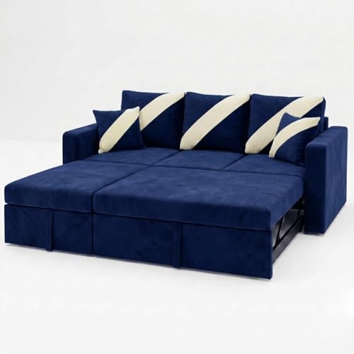 Image of FURNY Trivia 4 Seater LHS Lounger Sofa Cum Bed (Dark Blue) with Pull-Out Function | Luxury Velvet Suede Finish | Durable Comfort | Ideal for Living Room