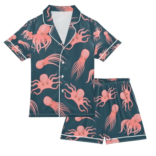 senya Cartoon Cute Octopus Satin Summer Pajama Sets Silk Short Sleeve Button Down Sleepwear