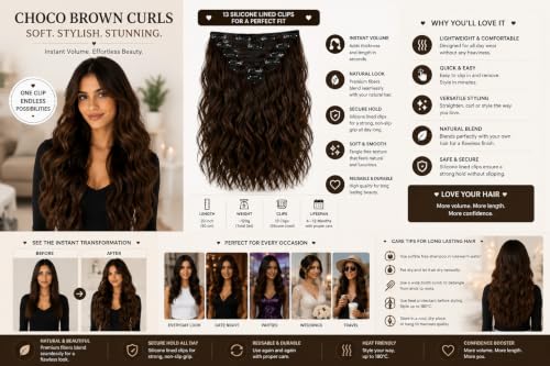 Image of Salon-Grade CHOCOLATE BROWN Curly /Wavy Clip-in Extensions - 6PCS Synthetic Hair Volumizer with 13 Secure Clips for Instant Volume & Realistic Blend