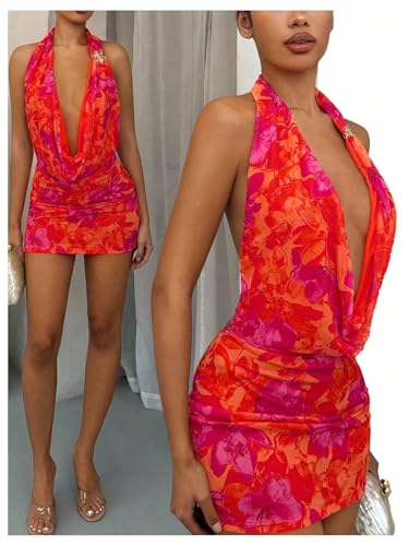 Image of OYOANGLE Women's Sexy Deep V Halter Dress Floral Bodycon Club Mini Dresses