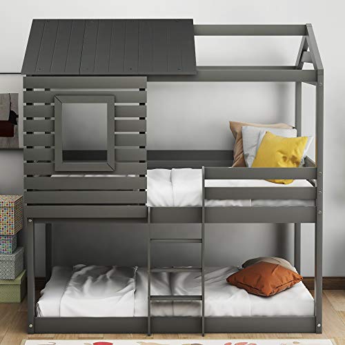 House Bunk beds,Twin Over Twin Bunk Beds with Roof and Guard Rail Ladder for Kids,Toddlers,Wood Loft Bed,No Box Spring Needed (Gray)