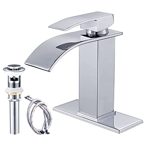 Waterfall Spout Bathroom Sink Faucet Polish Chrome Single Handle 1 Hole Deck Mount Basin Mixer Tap with Deck Plate Lavatory Vanity Sink Faucet Solid Brass Include Pop Up Drain with Overflow
