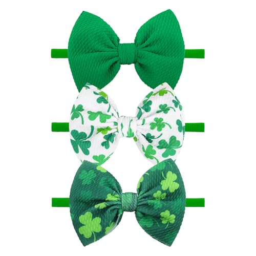 YanJie Baby Bows Nylon Green Bow Headbands for Infant Girls Shamrock Clover Headband Newborn Toddler Headband St Patricks Day Hair Accessories White
