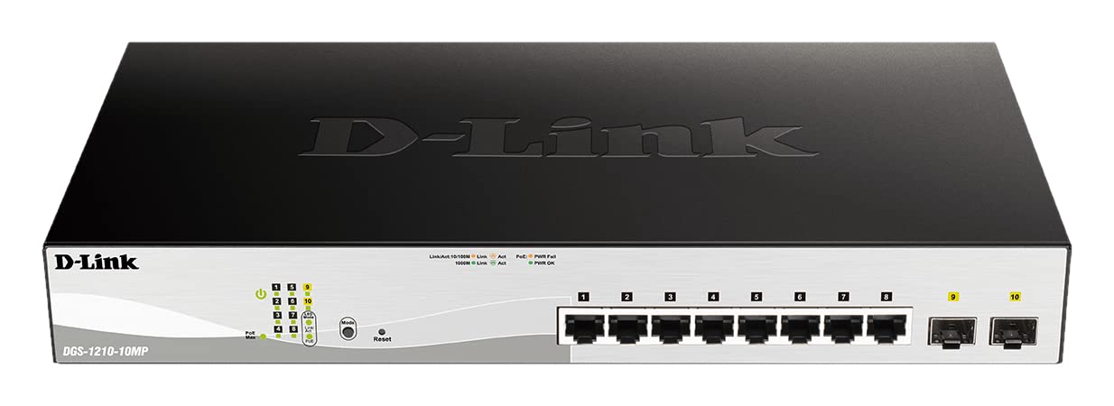 D-Link DGS-1210-10MP/E Gigabit Smart+ Managed Switch (8 x 10/100/1000 Base-T PoE-Ports und 2 x 100/1000 Mbit/s SFP-Ports) - Nur EU Netzkabel