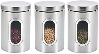 Royal Cuisine Stainless Steel Round Canister Set Of 3 Clear Window and Multi Food Storage Jars (Silver)