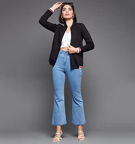 Image of Miss Chase Women's Black V-Neck Full Sleeve Solid Multicolored Bomber Jacket