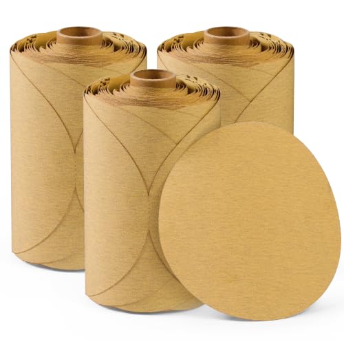 S SATC 300 PCS 6 Inch PSA Sanding Discs 220 Grit Premium Gold Aluminum Oxide Sticky-Back Sandpaper Roll for DA Sanders Ideal for Auto Woodworking Metal Polishing