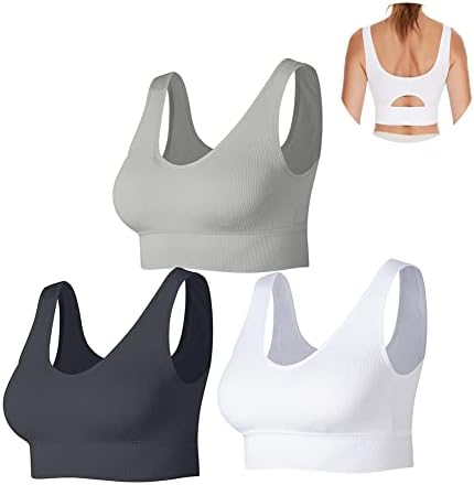 SEGRILA Women’s Sports Bra Ribbed Seamless Medium Support Workout Yoga Bras with Removable Pads,Black+White+Grey,M