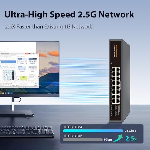 Image of 18-Port 2.5G Unmanaged Ethernet Switch, 16x2.5G RJ45 Ports, 2x10G SFP+ Uplink, Supports 100 /1000 /2500Mbps, Fanless Metal Casing, Plug & Play, Ideal for Wireless AP, NAS, PC and Home Network