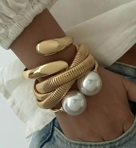 Image of Chunky Gold Bangle Bracelets for Women, Dainty 14k Gold Plated Big Stackable Bangles Set, Trendy Statement Cuff Bracelet Stack Fashion Jewelry Gifts